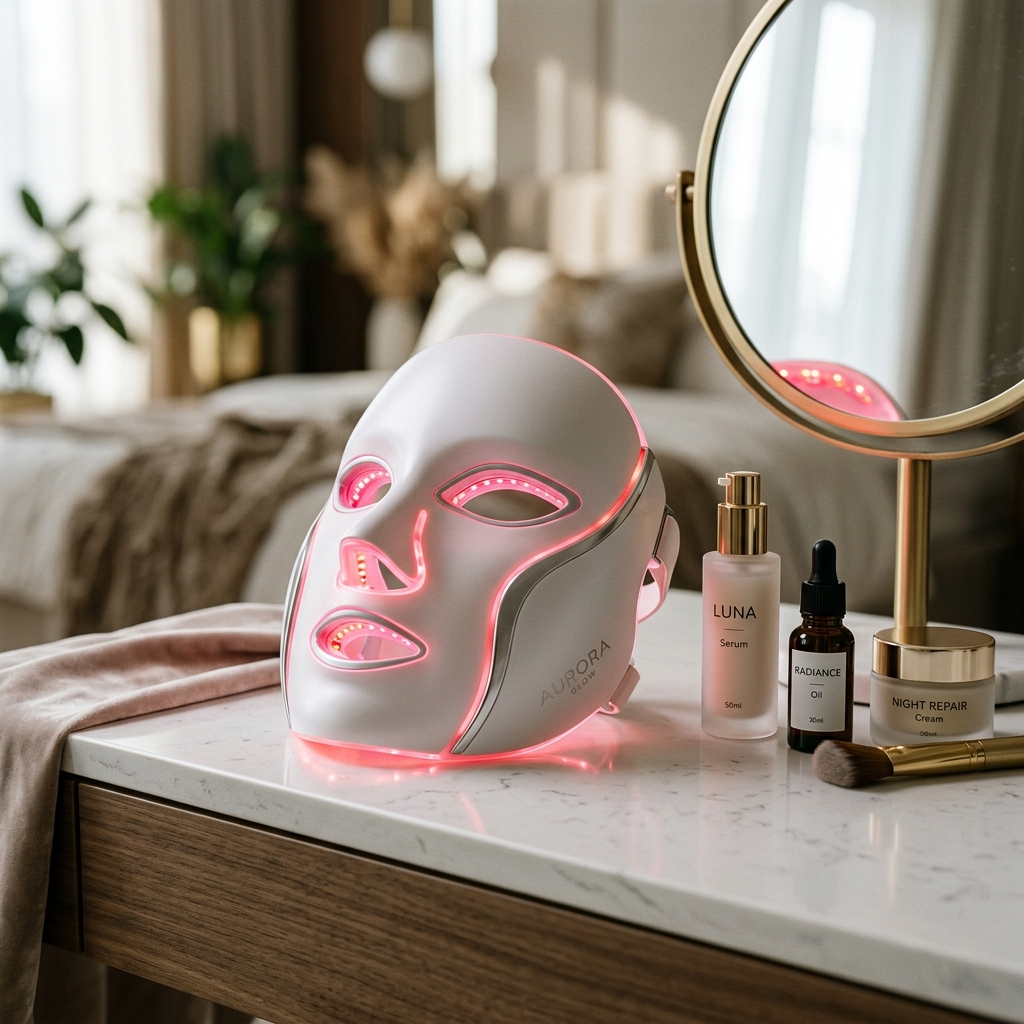 LumiGlance LED skincare mask glowing pink