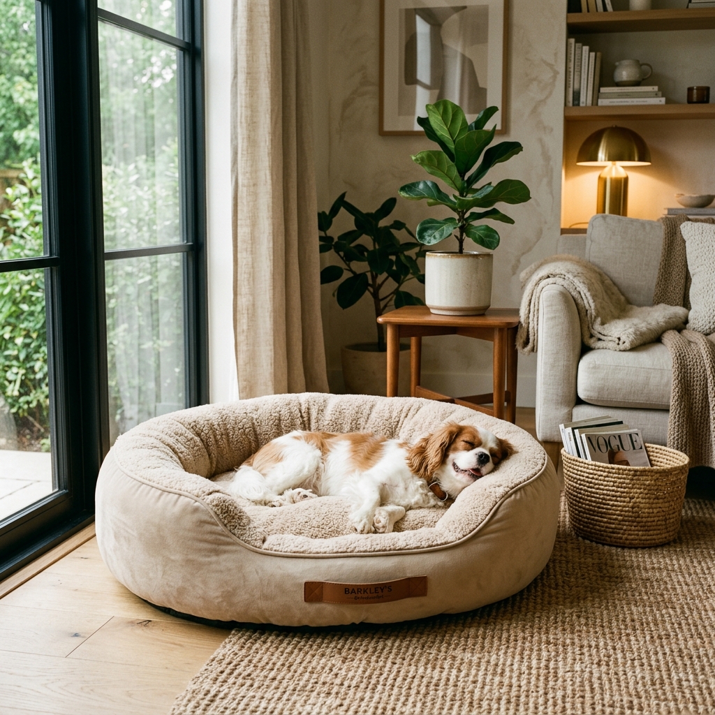 Happy sleeping pup in a plush dog bed